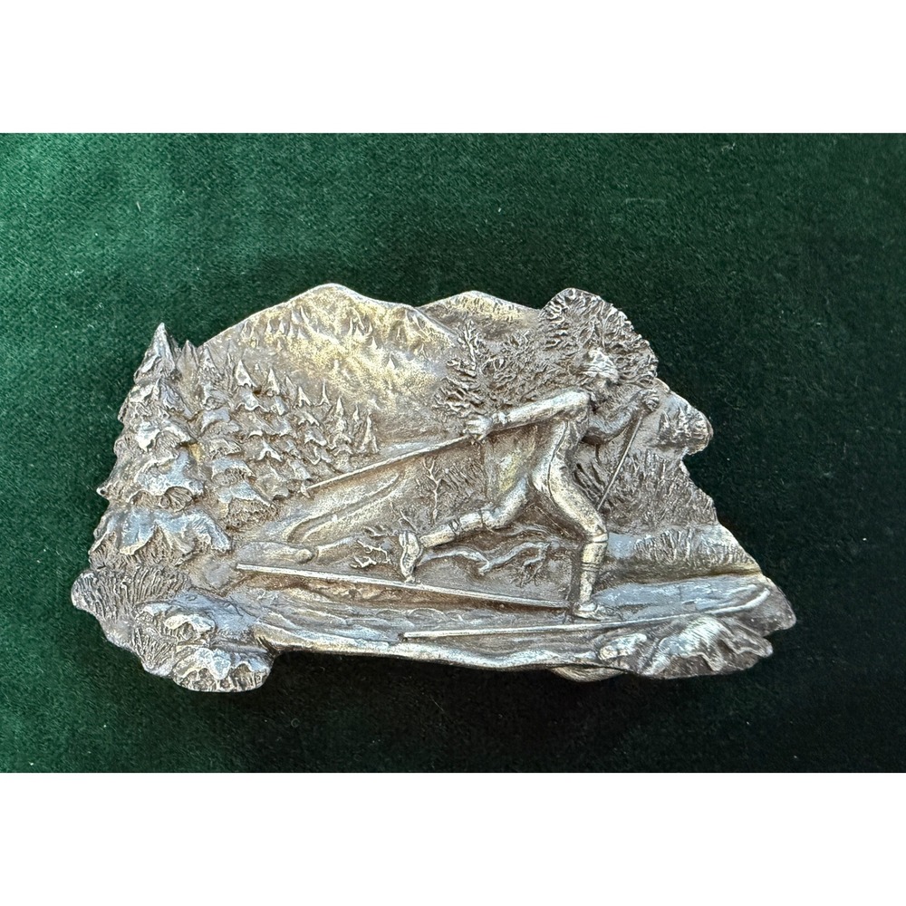 Vintage 1979 Bergamot Brass Works Pewter Belt Buckle Cross‎ Country Skiing USA